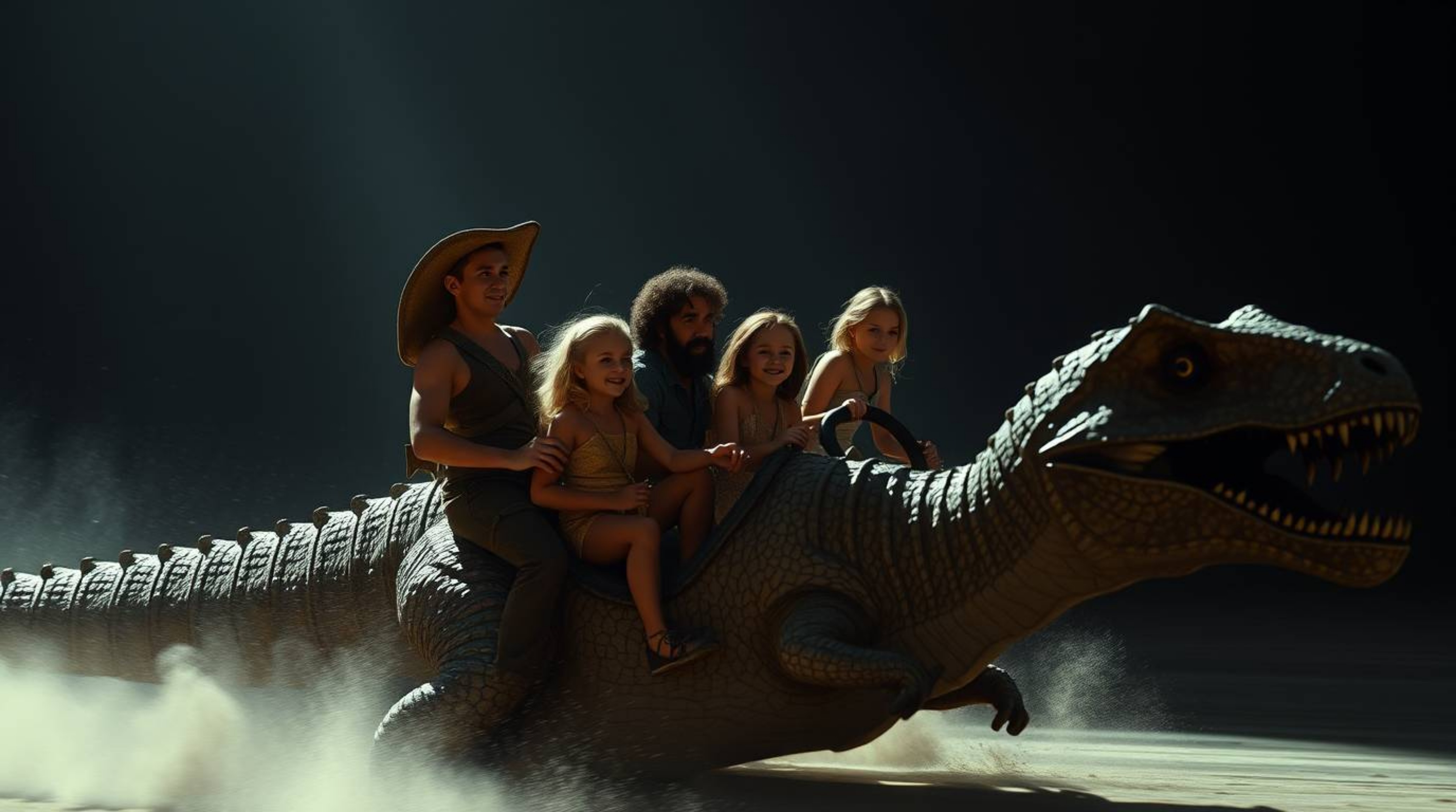 A prehistoric family embarks on an extraordinary journey, riding a unique dinosaur car under captivating iridescent lighting.