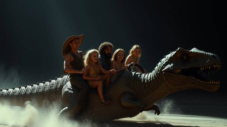 A prehistoric family embarks on an extraordinary journey, riding a unique dinosaur car under captivating iridescent lighting.