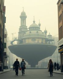 Explore a captivating world of soft cinematic haze and candid street photography featuring a surreal floating island adorned 