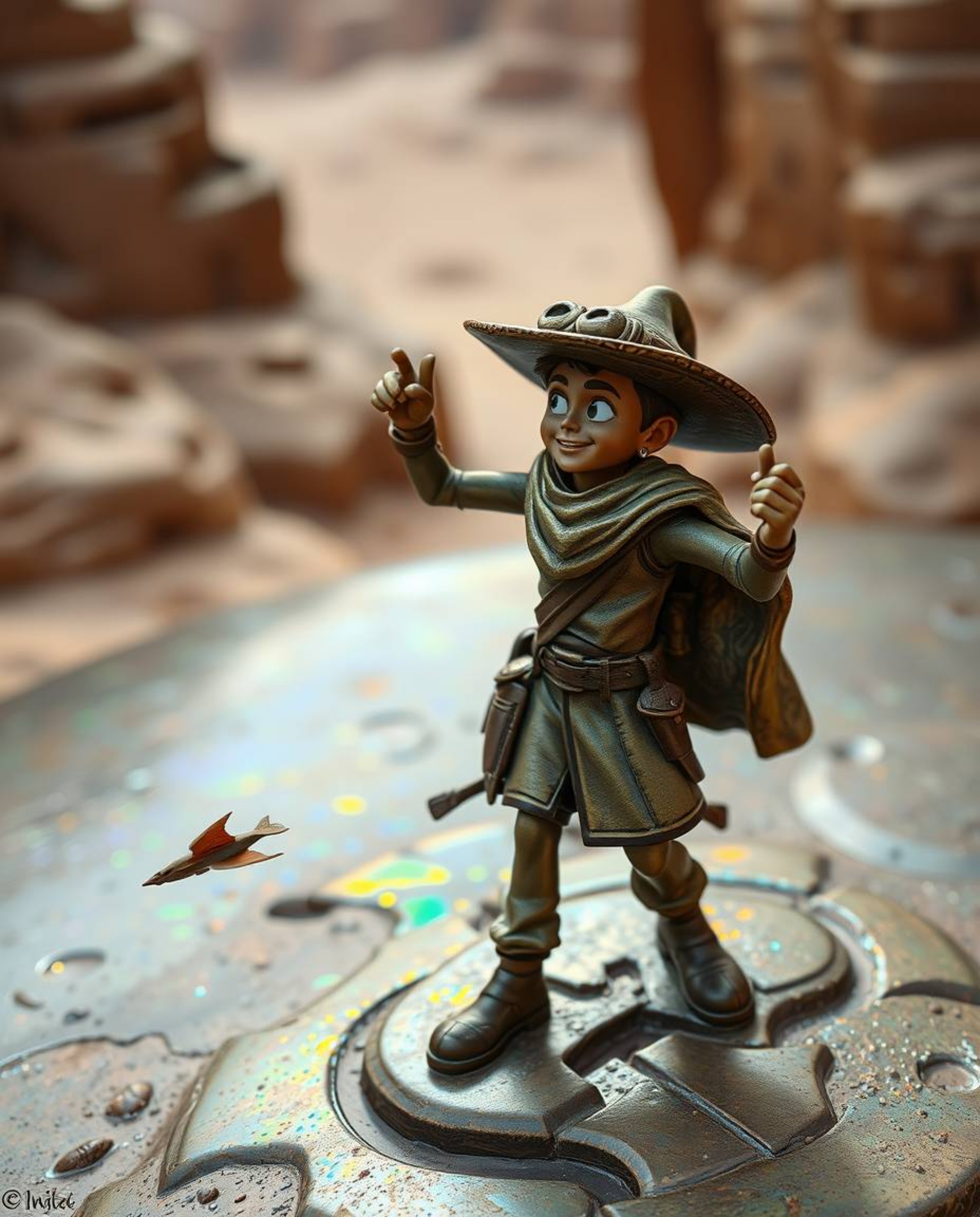 Embark on a thrilling antique desert adventure with a brave Disney-style hero. Witness iridescent colors reflecting on an ove