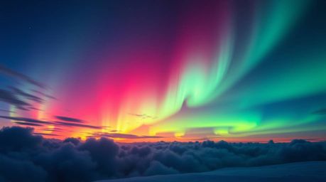 A captivating cinematic digital painting depicts the breathtaking spectacle of the Northern Lights emerging over a vibrant su