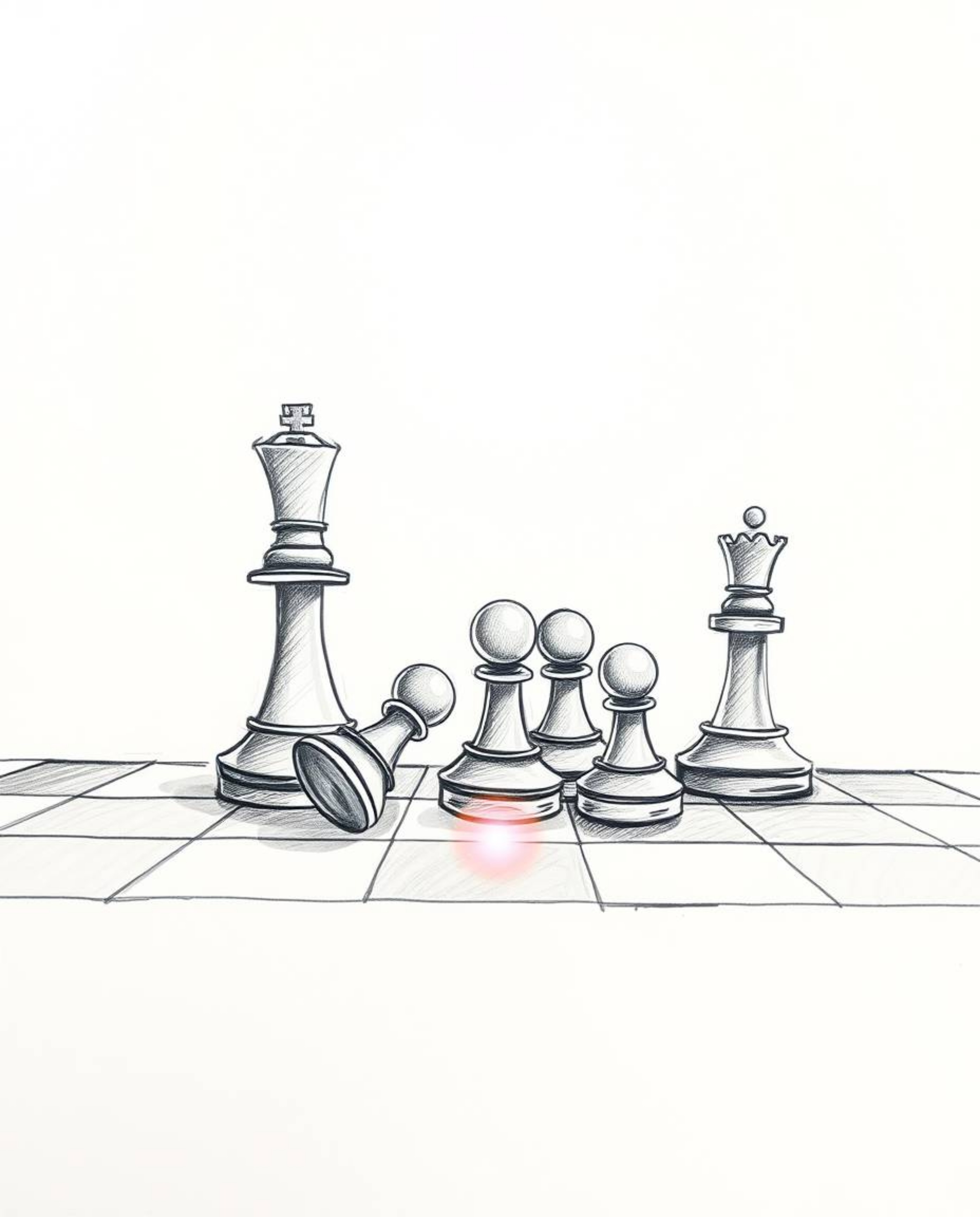 A captivating hand-drawn sketch showcases a chessboard frozen in a moment of chaotic destruction, with pieces suspended mid-a