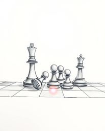 A captivating hand-drawn sketch showcases a chessboard frozen in a moment of chaotic destruction, with pieces suspended mid-a