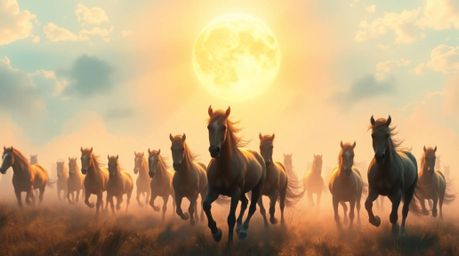 Immerse yourself in a dreamlike digital painting depicting a herd of wild horses running freely under a glowing sky. The artw