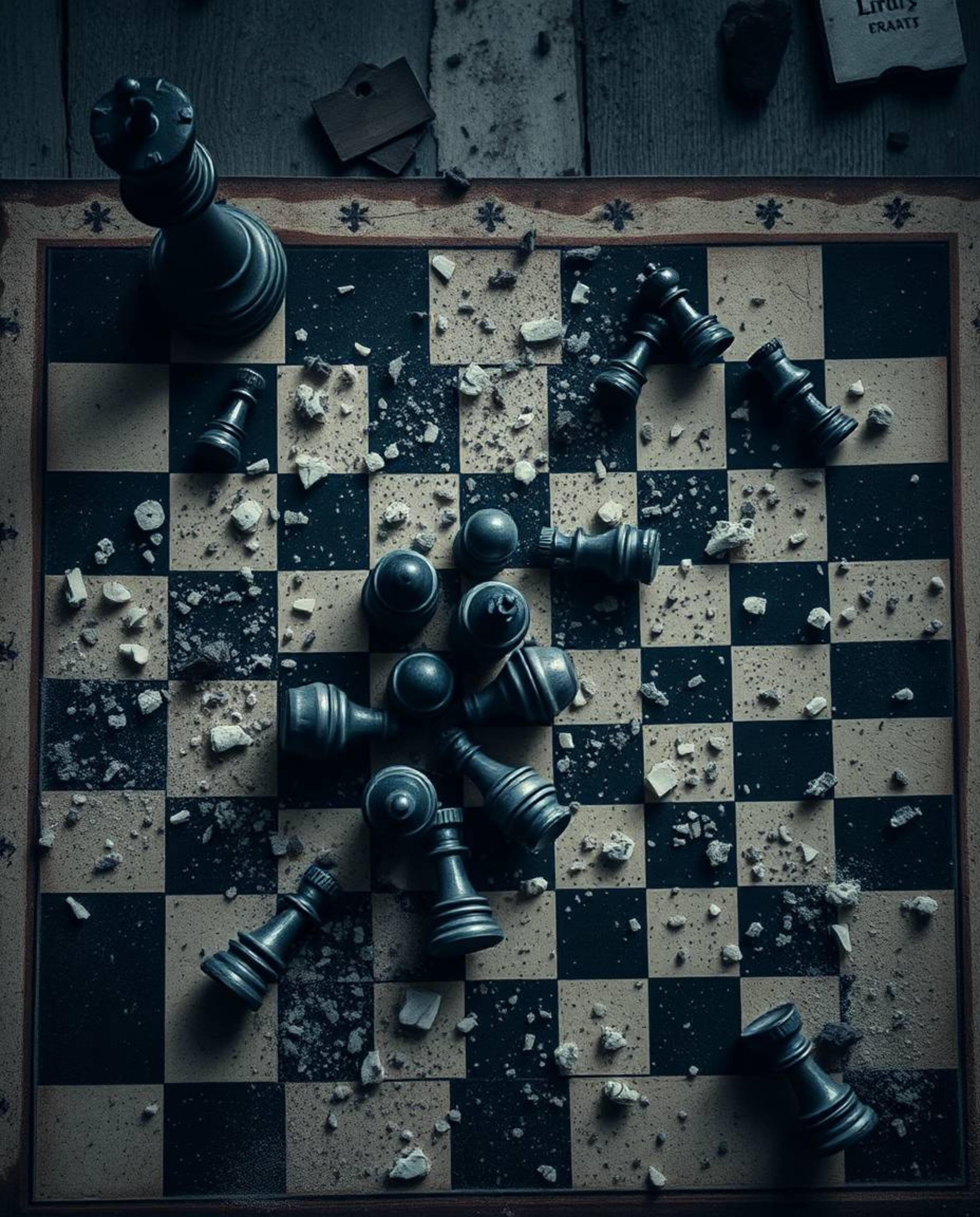 A dramatic, strong moody bird's-eye view photograph depicts a chessboard in mid-destruction.  Chess pieces are frozen mid-air