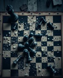 A dramatic, strong moody bird's-eye view photograph depicts a chessboard in mid-destruction.  Chess pieces are frozen mid-air