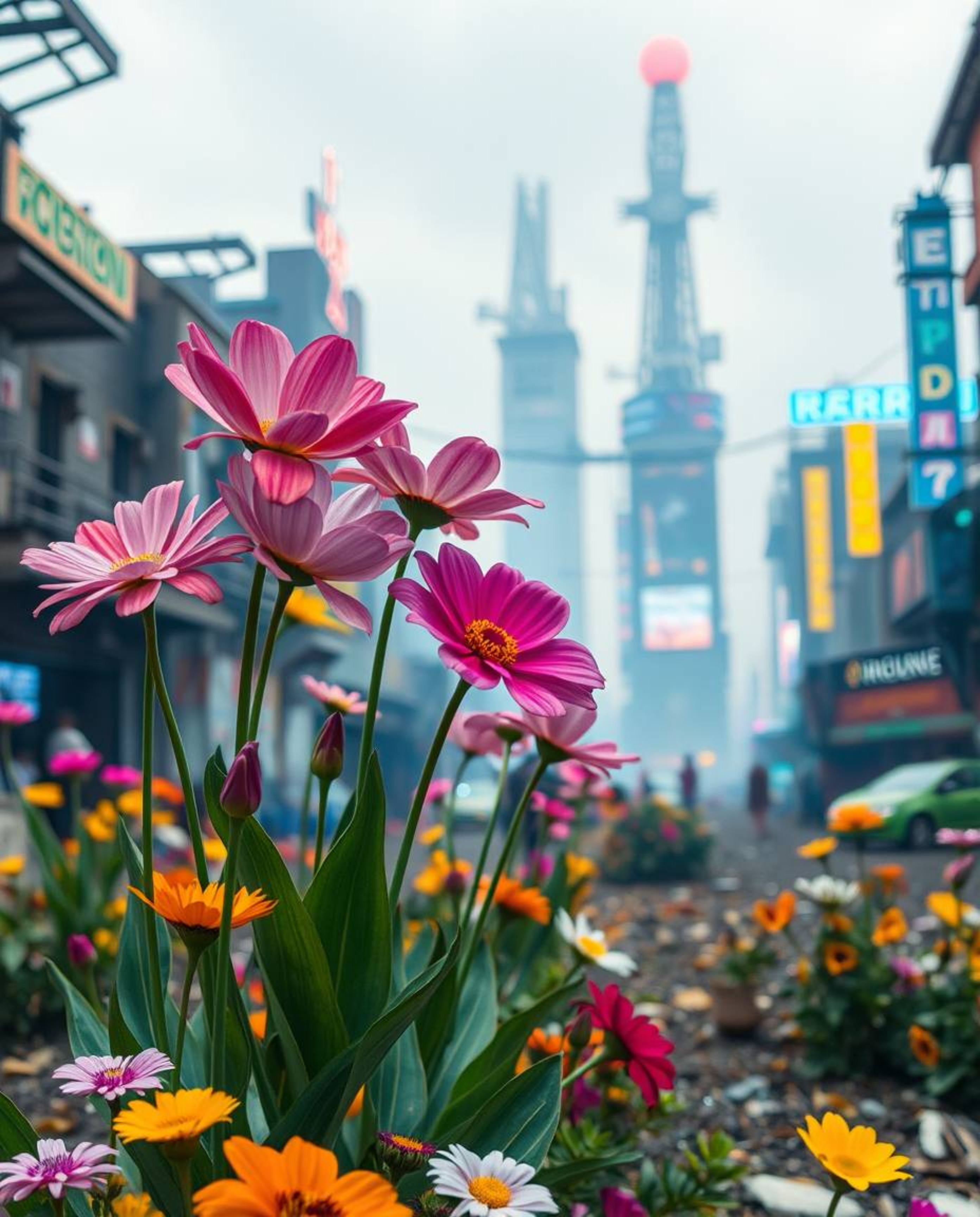 Explore a surreal post-apocalyptic cityscape where vibrant flowers bloom amidst the ruins, illuminated by creative light art.