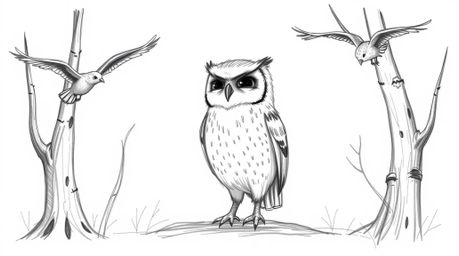 A charming hand-drawn sketch, in the style of Pixar, depicts a blind owl patiently teaching birds to fly in a breathtaking ci