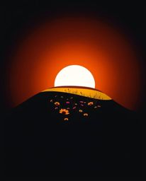 Introducing a high-contrast, low-key logo inspired by a high-angle perspective of a sunset over a spring wildflower meadow. T