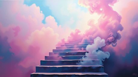 A bold acrylic painting depicts a winding stairway crafted from smoke and light, ascending into a hazy, cloud-filled sky. Thi