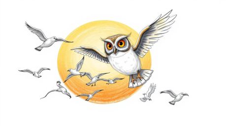 A heartwarming hand-drawn sketch in the style of Pixar depicts a gentle, blind owl guiding a classroom of birds in dynamic fl