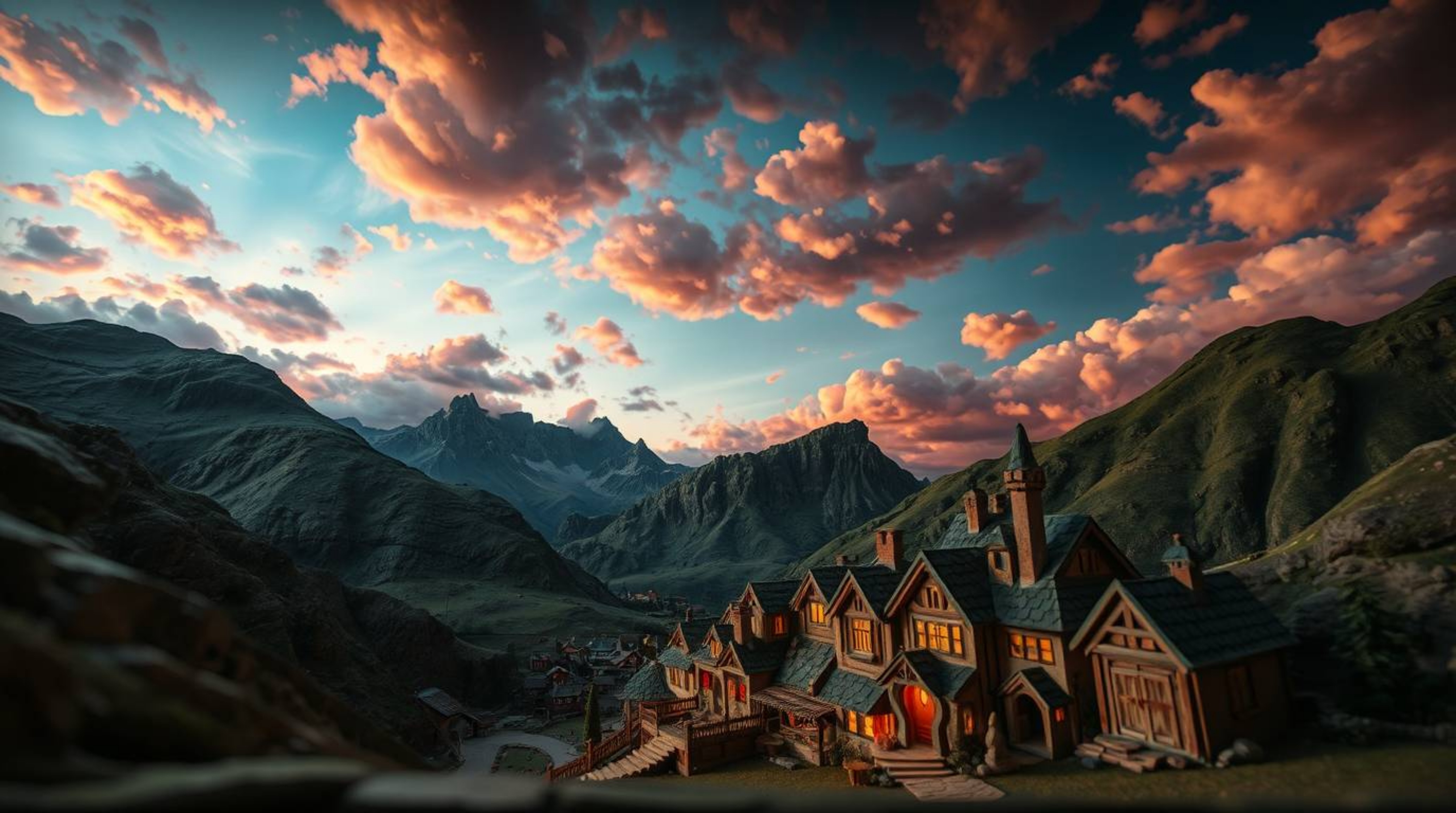 Discover a captivating artwork depicting a cozy village nestled in a valley, bathed in the vibrant hues of a colorful sky.  C