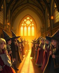 A magical school bathed in the warm glow of golden hour light, filled with young wizards. The scene evokes a sense of grace a
