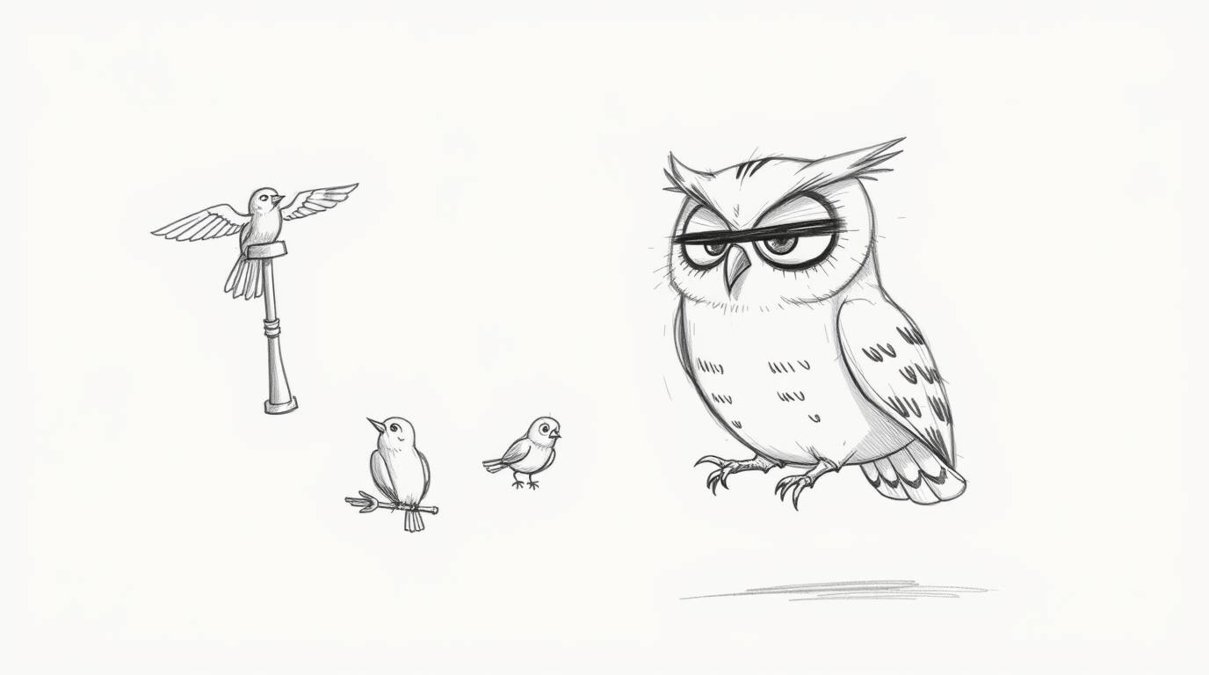 A heartwarming hand-drawn sketch in the style of Pixar depicts a kind, blind owl with soft, rounded features patiently teachi