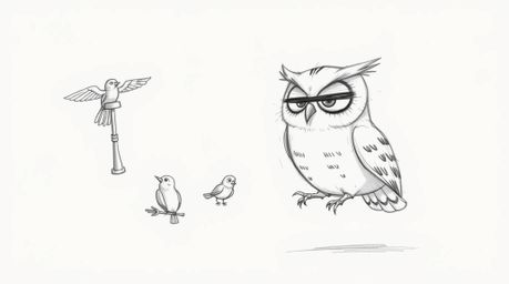 A heartwarming hand-drawn sketch in the style of Pixar depicts a kind, blind owl with soft, rounded features patiently teachi