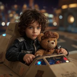A captivating high-fashion photograph showcasing a young boy with striking blue eyes and curly brown hair, dressed in a styli