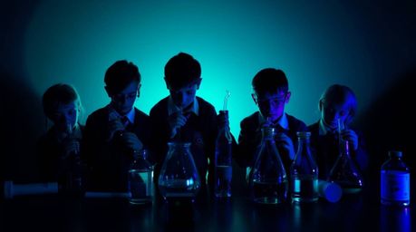 A captivating scene featuring a group of quirky children in school uniforms engrossed in experiments, brought to life with a 
