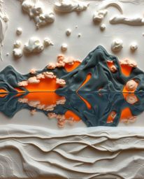 A sculptural clay artwork offers a graceful and elegant depiction of the reflections of fiery clouds in a mountain lake. The 