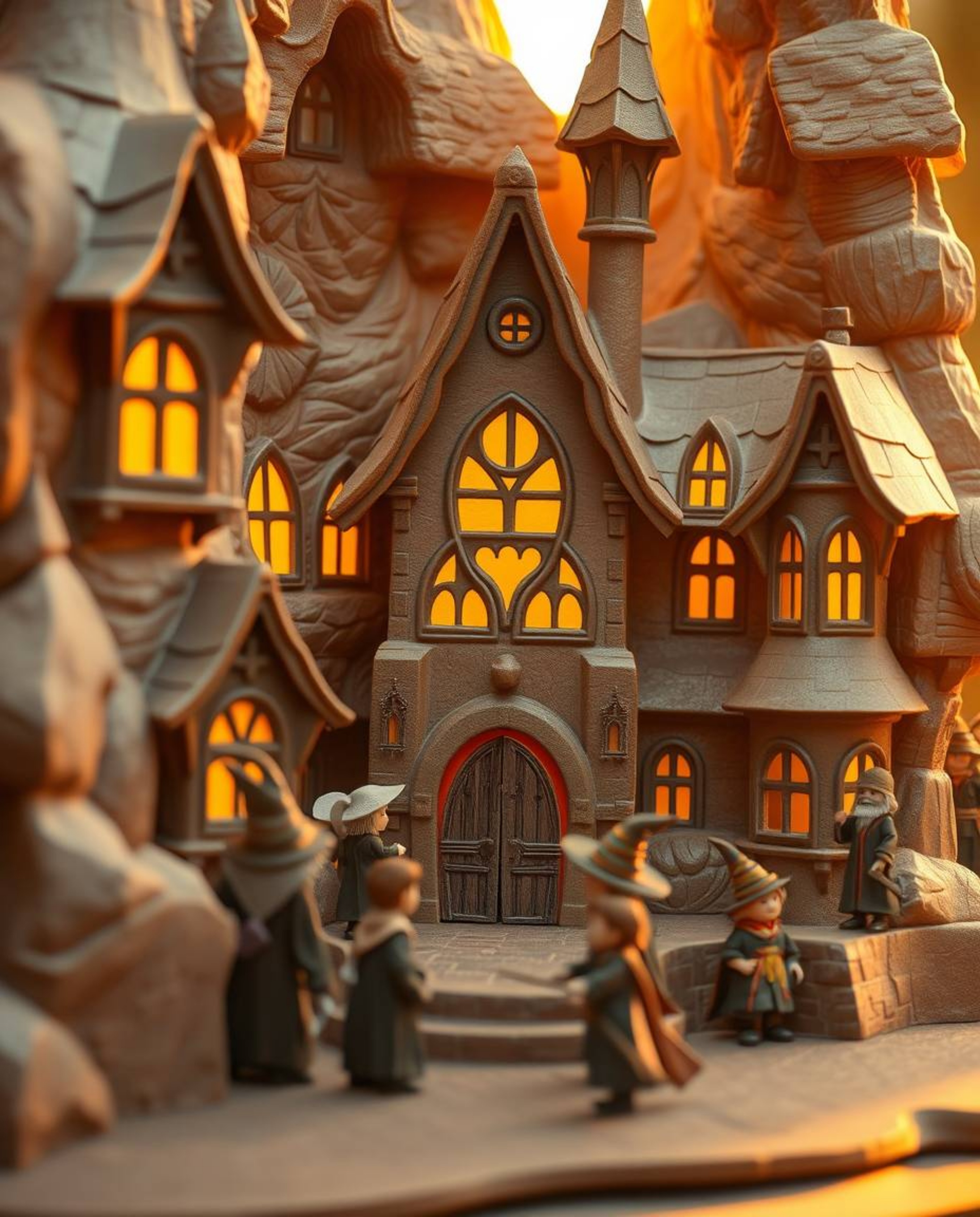 A whimsical scene unfolds as warm golden hour light bathes a meticulously sculpted papier-mâché magical school, teeming with 