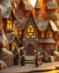 A whimsical scene unfolds as warm golden hour light bathes a meticulously sculpted papier-mâché magical school, teeming with 