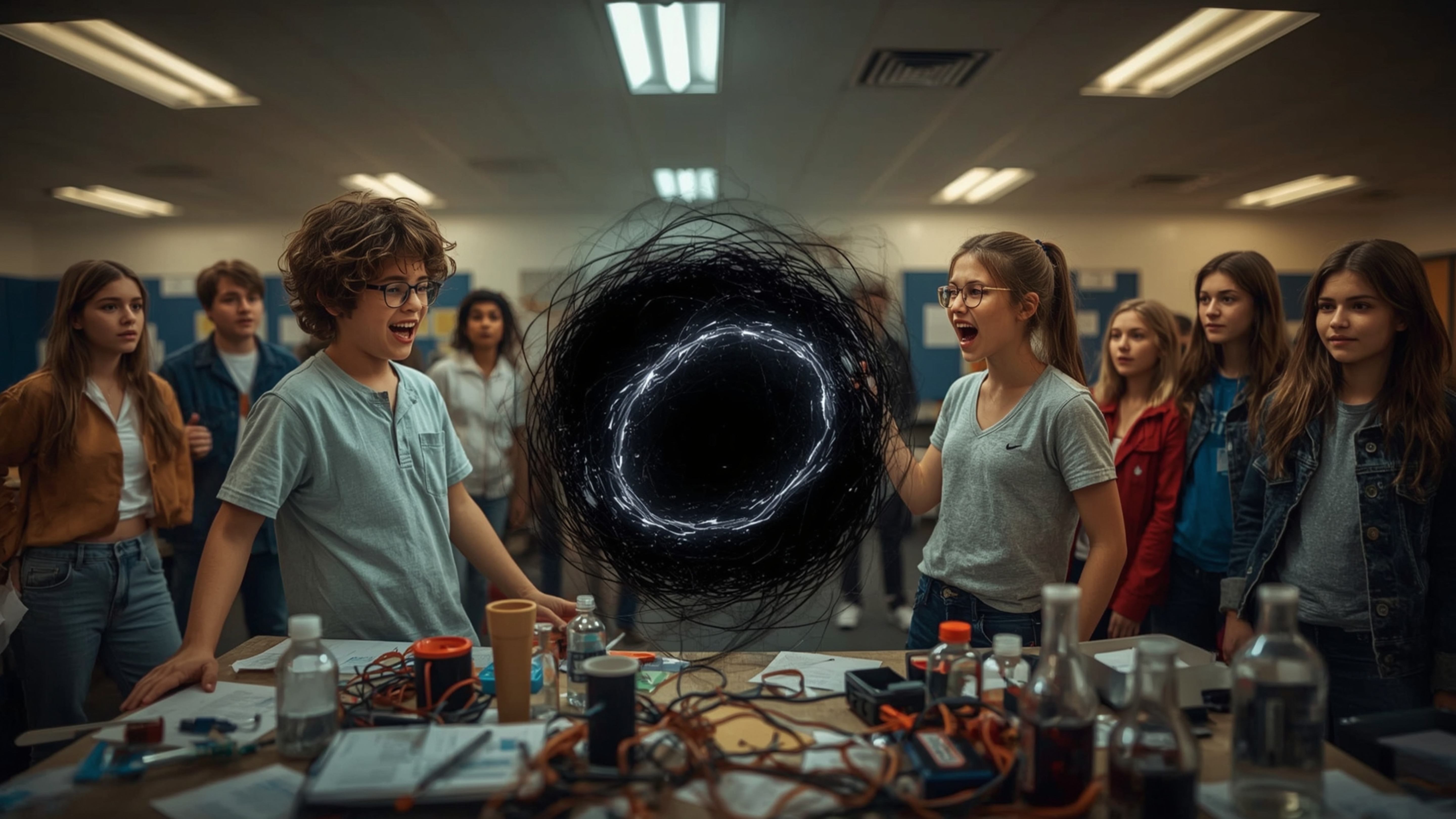 A dramatic, high-contrast photograph captures two ecstatic science fair participants, a bespectacled boy and a bright-eyed gi