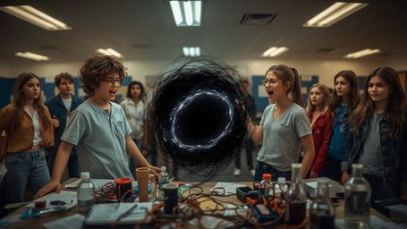 A dramatic, high-contrast photograph captures two ecstatic science fair participants, a bespectacled boy and a bright-eyed gi