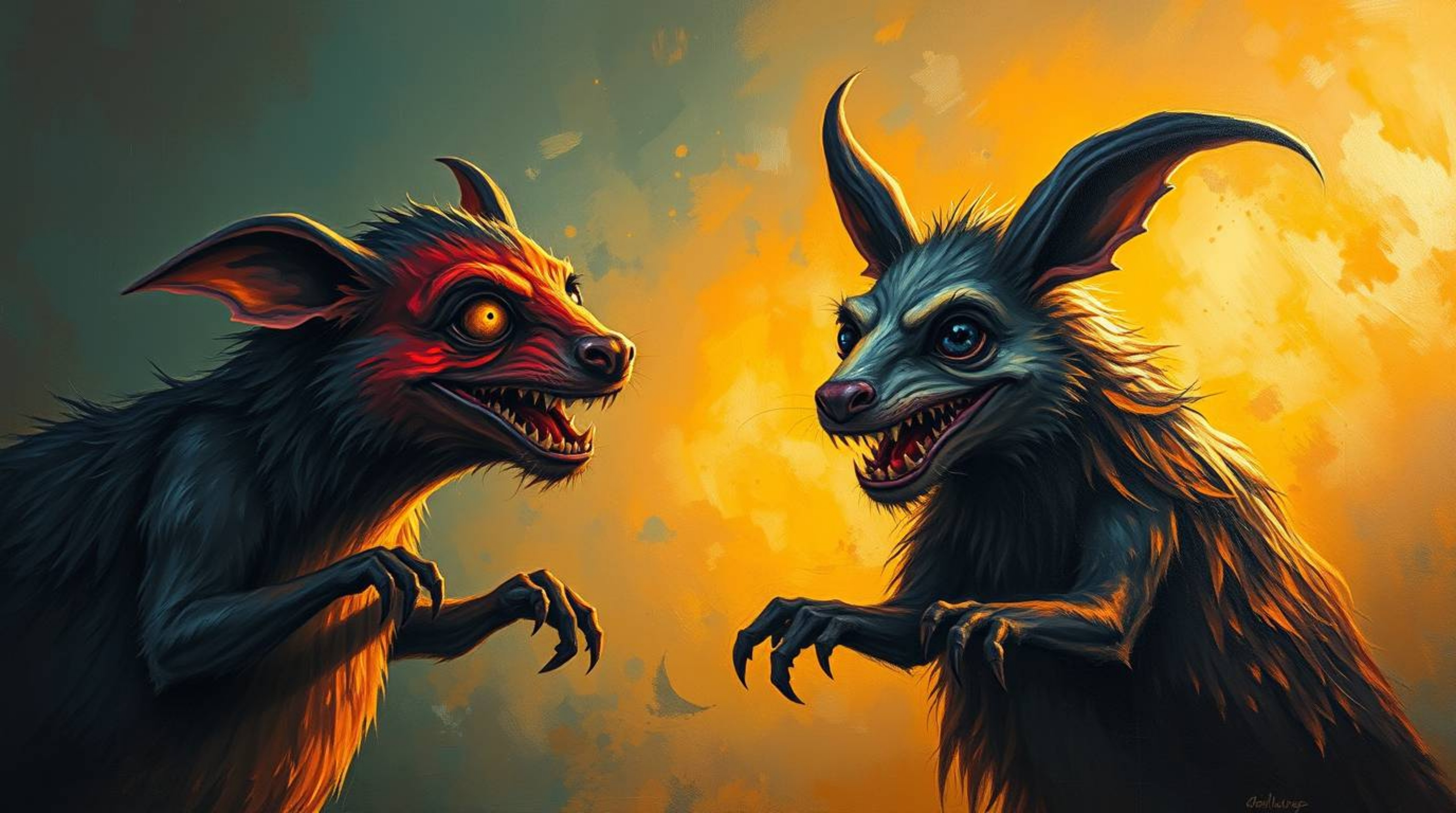 An eerie yet captivating acrylic painting depicts two talking animals causing playful mischief.  Bathed in warm golden hour l
