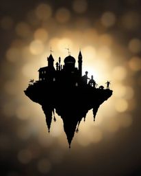 A surreal floating island featuring strange and captivating architecture, silhouetted against a beautifully blurred bokeh bac