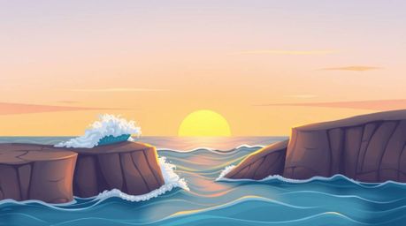 An adorable and charming illustration depicts waves crashing against cliffs at sunset.  The image features smooth gradient tr