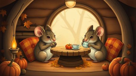 This charming illustration depicts anthropomorphic mice enjoying a delightful tea party within the comforting confines of a c