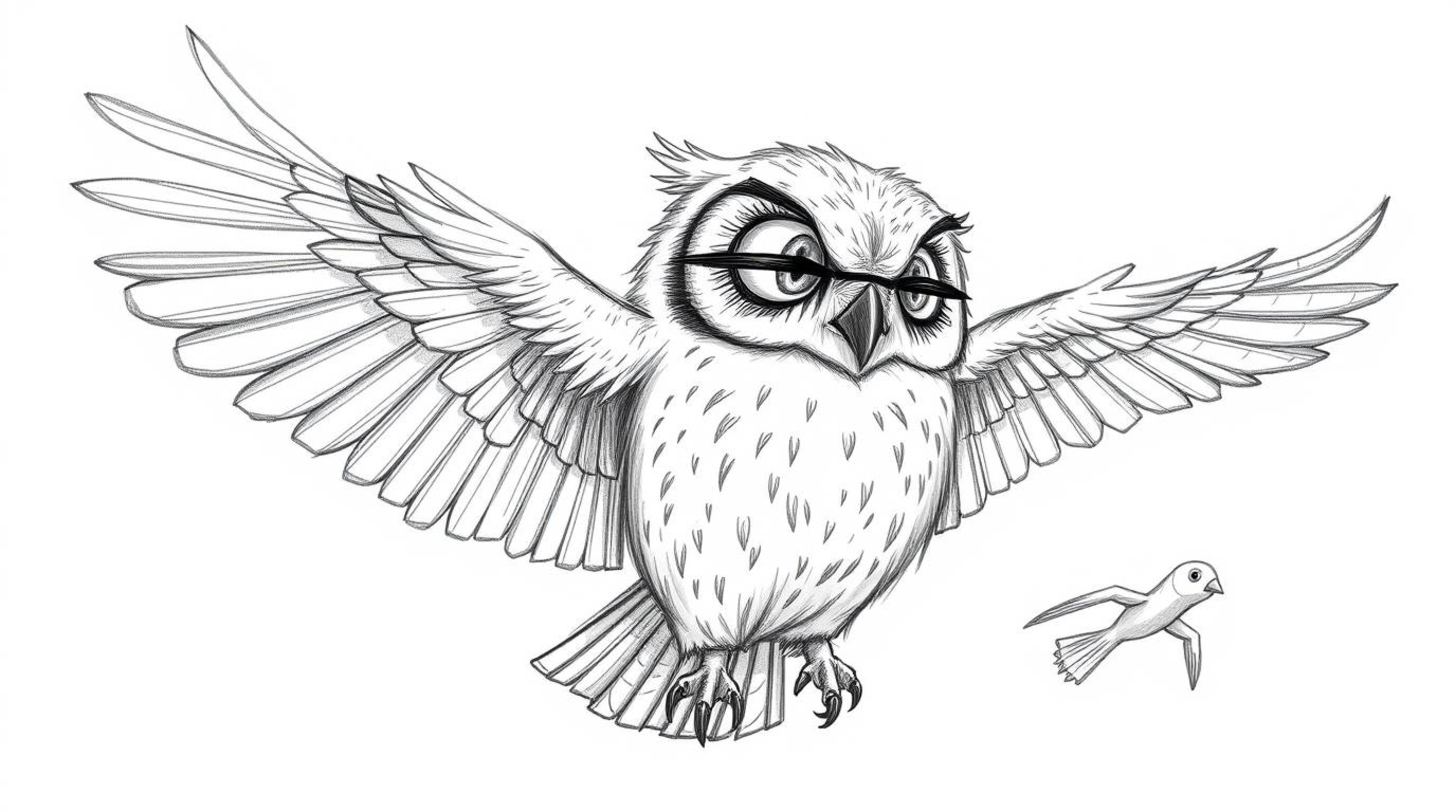 A Pixar-style hand-drawn sketch depicting a blind owl with detailed feathers instructing birds in harmonious flight is brough