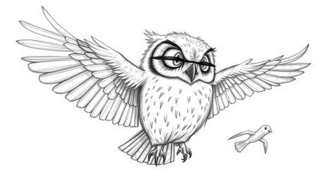 A Pixar-style hand-drawn sketch depicting a blind owl with detailed feathers instructing birds in harmonious flight is brough