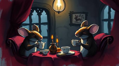 A captivating digital sketch presents anthropomorphic mice enjoying tea in a snug cottage, bathed in a rich palette of burgun