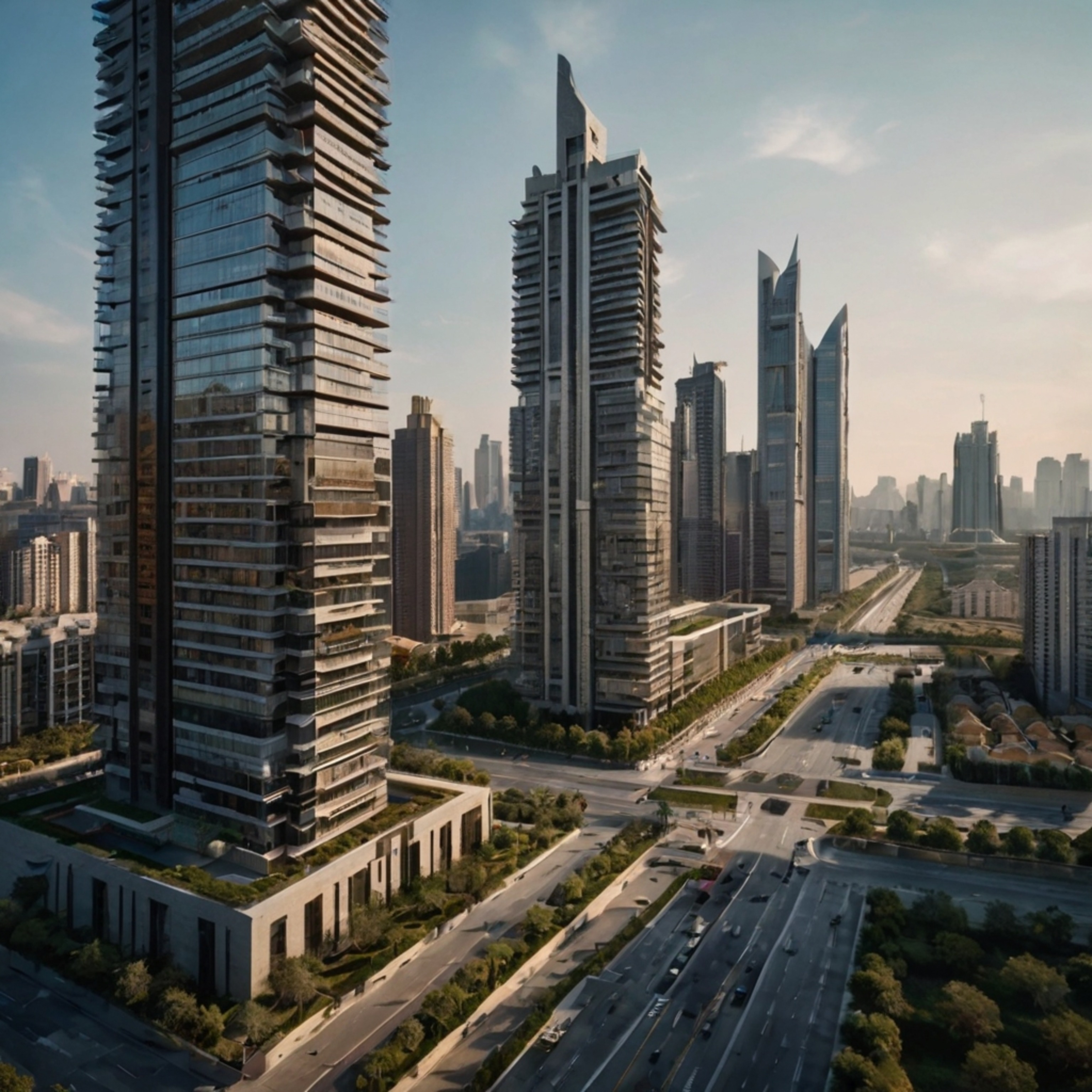 This image captures a sprawling modern cityscape characterized by its clean lines, wide boulevards, and towering luxury apart