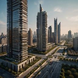 This image captures a sprawling modern cityscape characterized by its clean lines, wide boulevards, and towering luxury apart