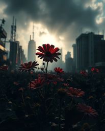 A stunning, jet-black high-resolution image depicting vibrant flowers blooming amidst the ruins of a post-apocalyptic city.  