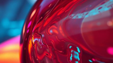 A captivating close-up detail showcases a glass object reflecting smooth gradient textures infused with bioluminescent colors