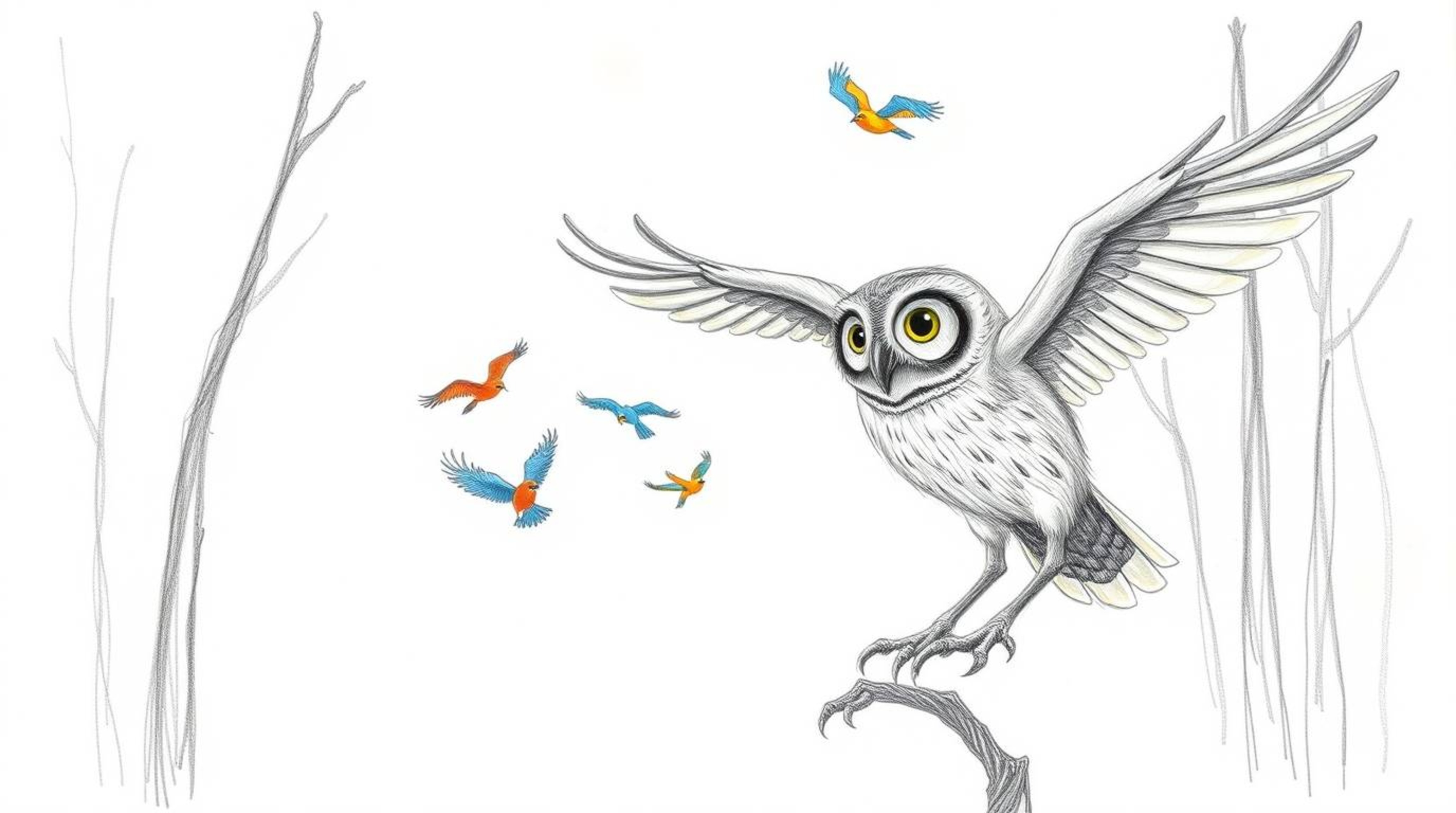 A captivating hand-drawn pencil sketch depicts a blind owl, reminiscent of Pixar animation, guiding colorful birds in flight.