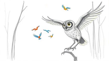 A captivating hand-drawn pencil sketch depicts a blind owl, reminiscent of Pixar animation, guiding colorful birds in flight.