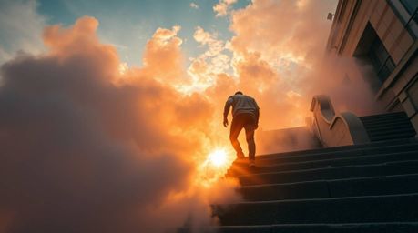 A captivating low angle candid street photography shot featuring a lone figure ascending a stone staircase bathed in divine l