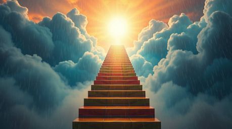 A vibrant, surreal artwork depicts a stairway ascending through smoky clouds towards a bright celestial light.  Rendered in a