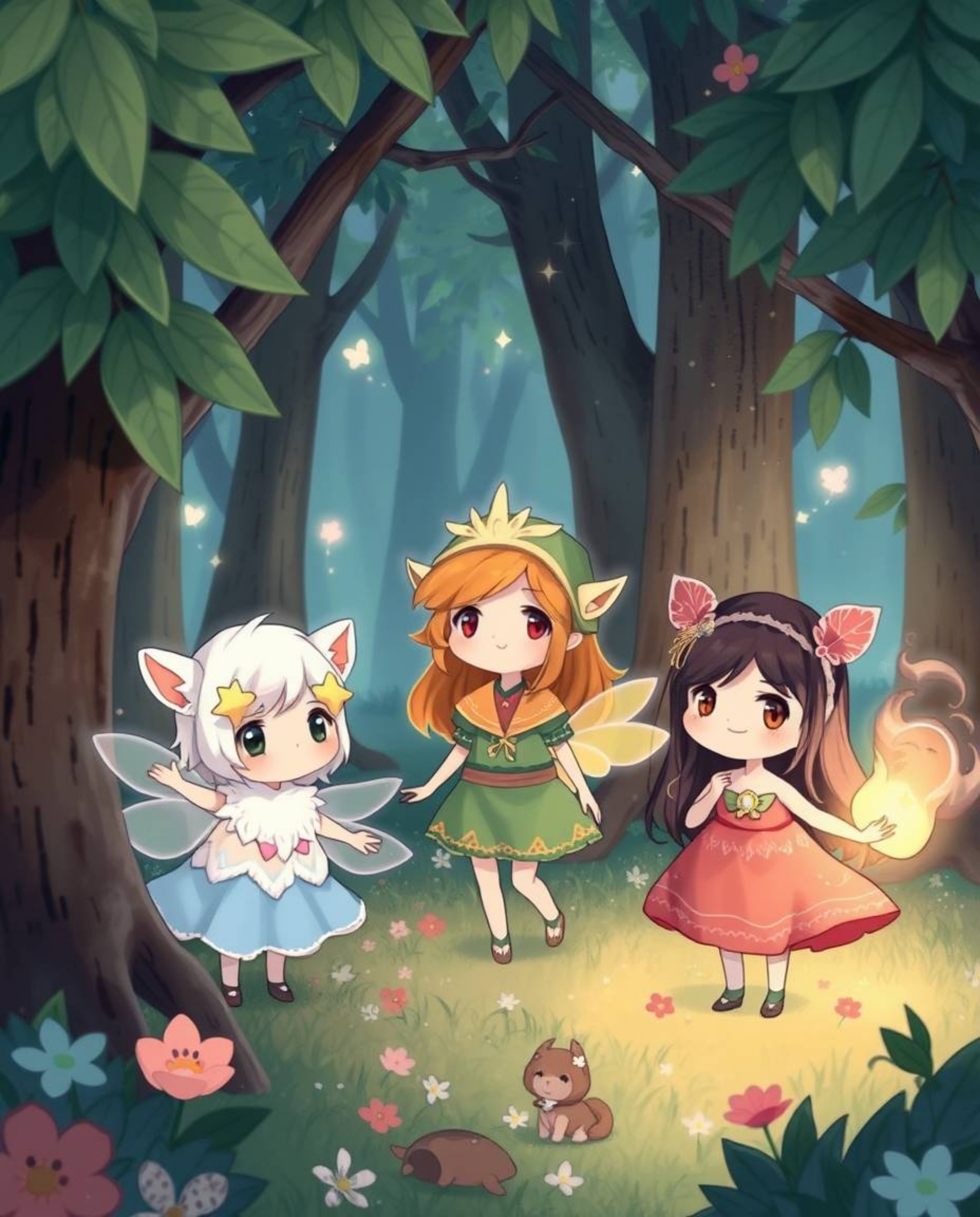 Explore a mystical forest with a group of adorable friends possessing unique powers in this charming and dreamlike illustrati