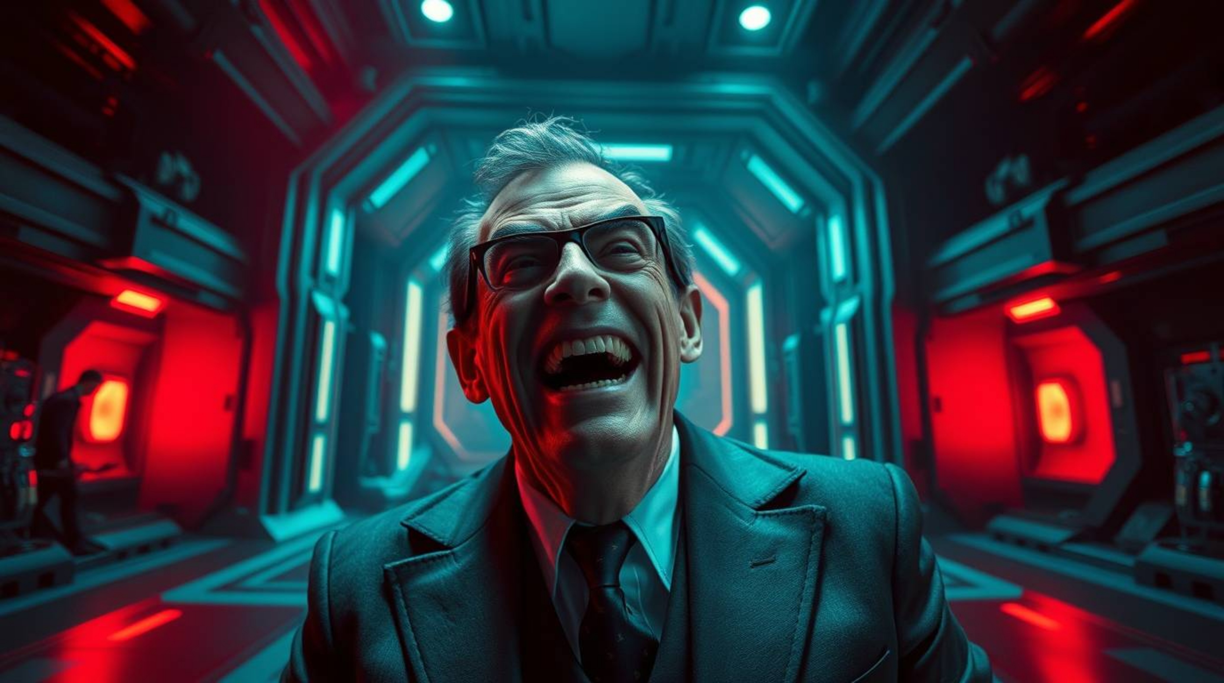 A hilariously dramatic scene unfolds within a luxurious, high-tech lair, bathed in rich teal hues.  A villain experiences a f
