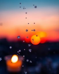 A stunning close-up shot captures the delicate beauty of snowflakes falling during a vibrant sunset. The image maintains a sh