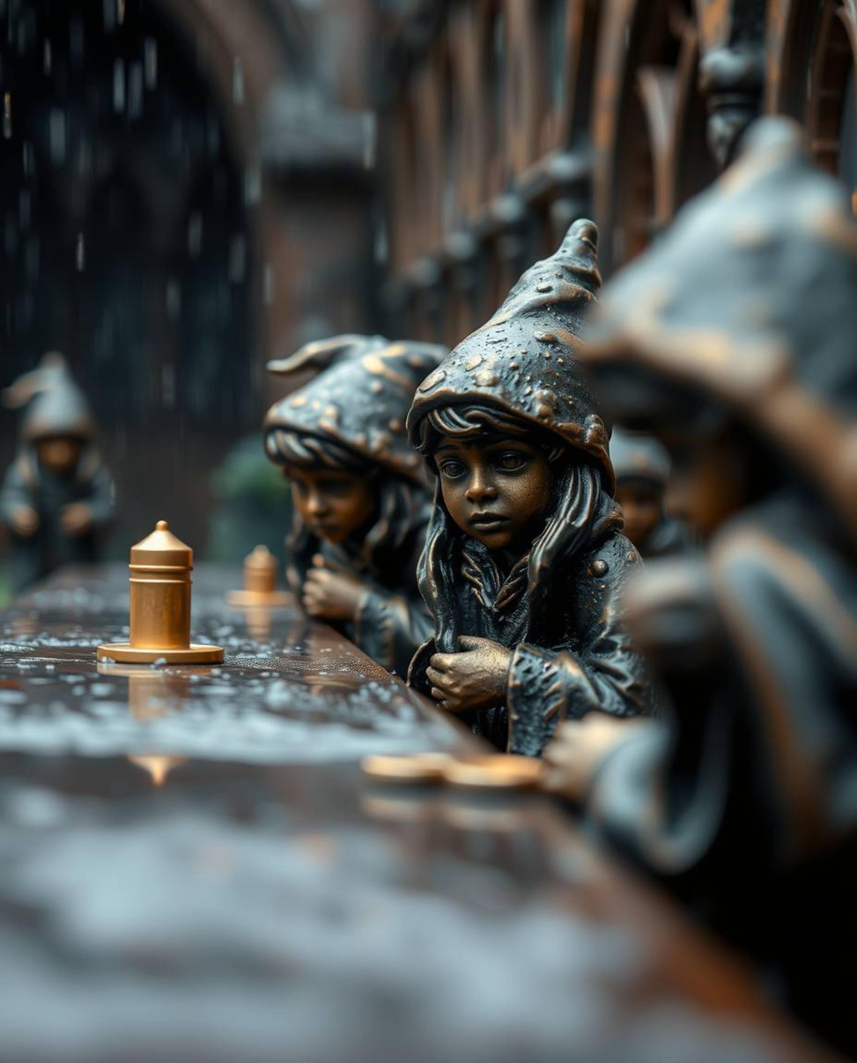 Immerse yourself in a captivating cast bronze, extreme macro close-up featuring a magical school teeming with young wizards o