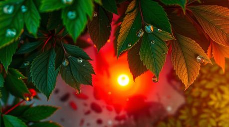 Experience a dreamlike, surreal sunset reflected in vibrant raindrops on leaves. This hyperrealistic, overhead bird's-eye vie