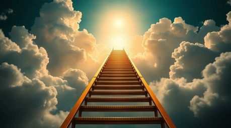 Experience the awe-inspiring perspective of a golden staircase ascending through ethereal clouds towards a radiant, sun-drenc