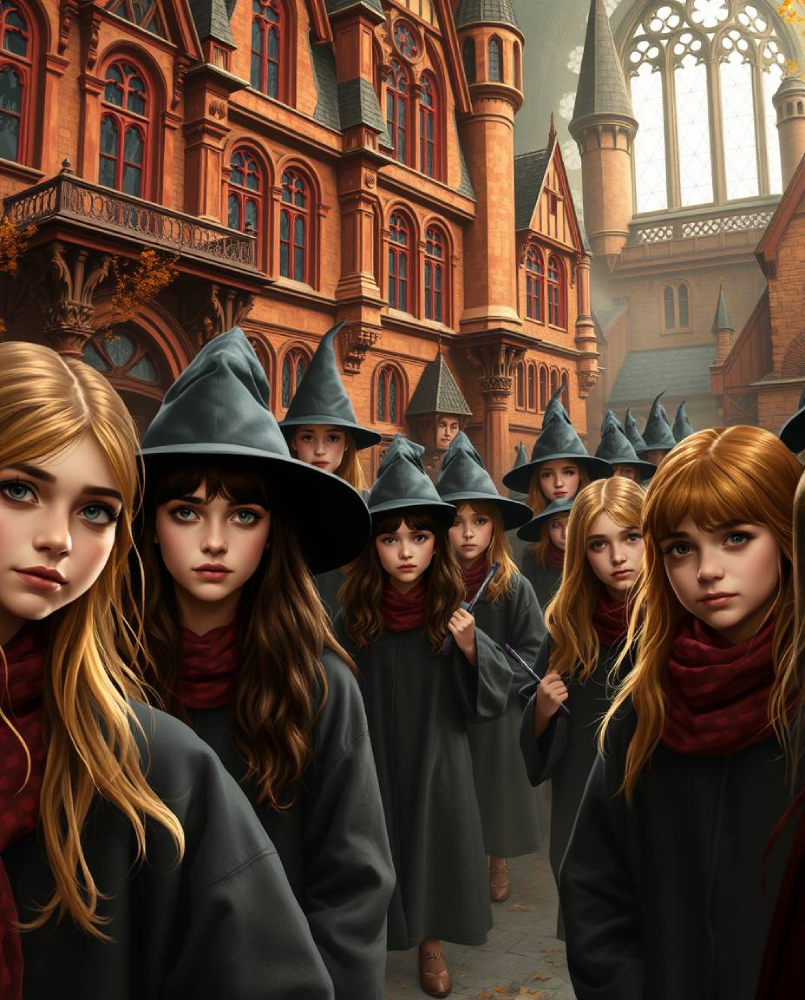 Step into a magical school brimming with young wizards, bathed in the warm glow of autumnal hues. This enchanting scene evok