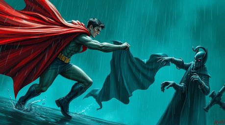Immerse yourself in a rich, deep teal painting showcasing a superhero with a flowing cape engaged in a comical battle against