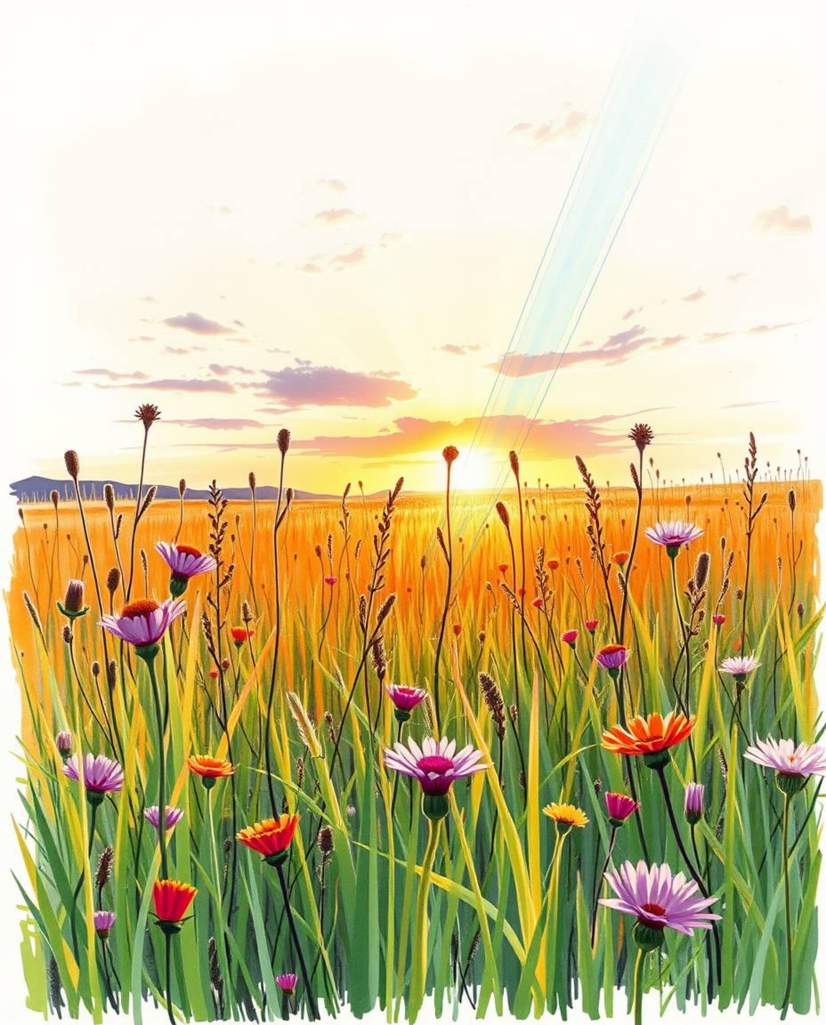 A hand-drawn color sketchnote depicting a spring wildflower meadow at sunset. The artwork places a strong emphasis on volumet